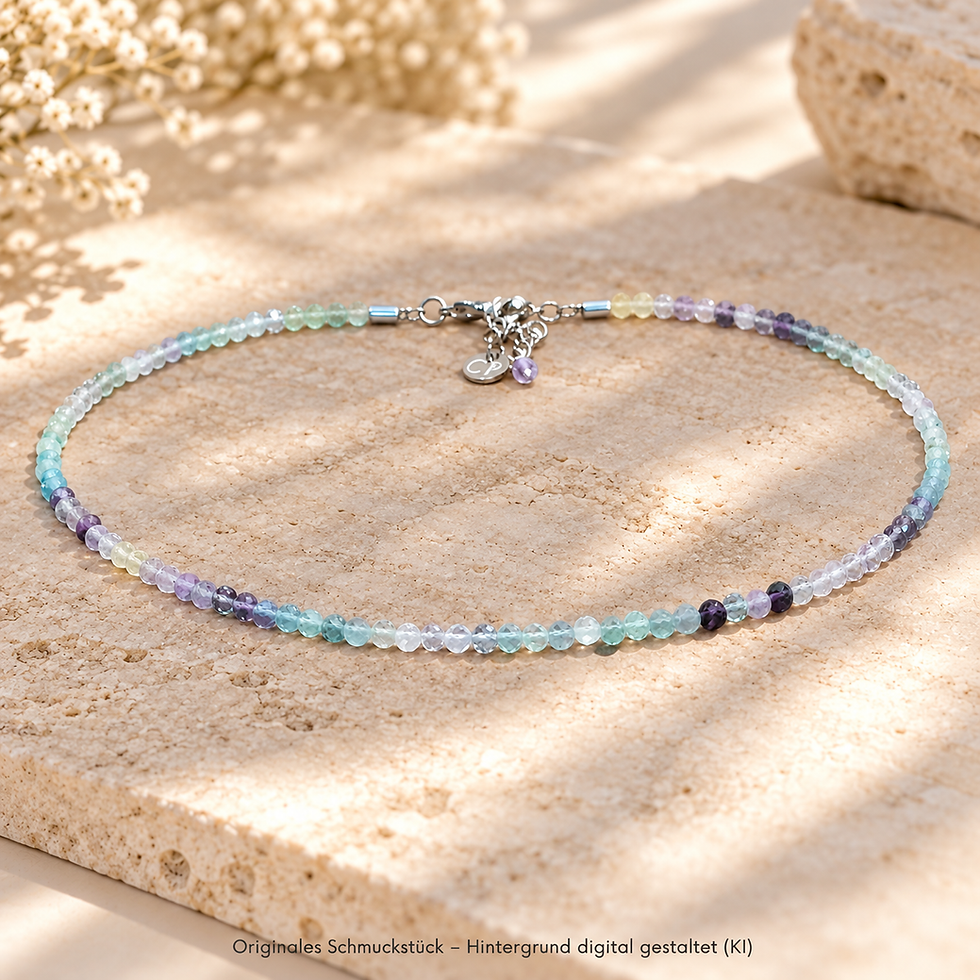 Funkelnde Regenbogen Fluorit Kette, mikrofacettiert, 4 mm, mit Edelstahlverschluss und Verlängerungskettchen