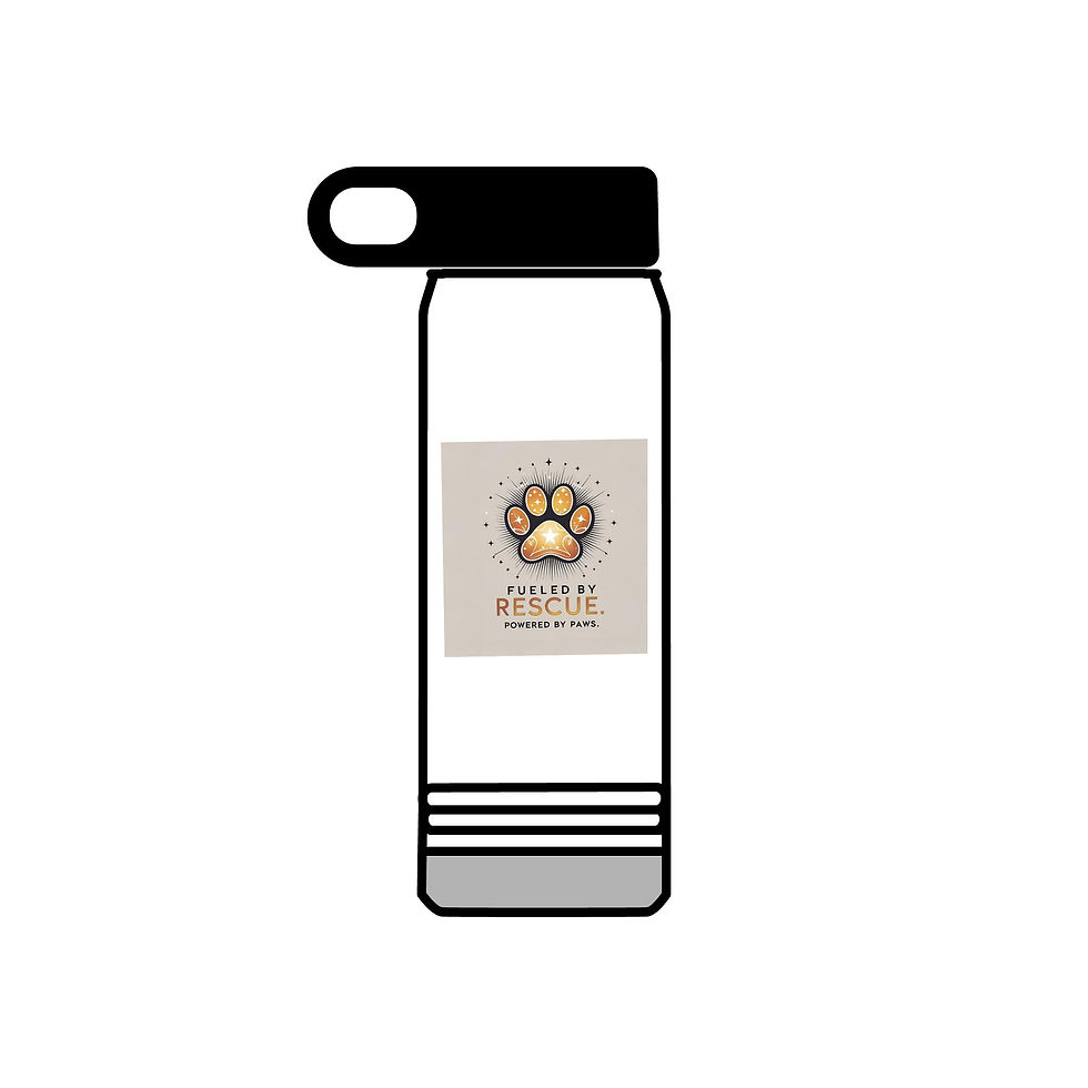 Water bottle with paw print and the message ‘Fueled by Rescue, Powered by Love’ on the label