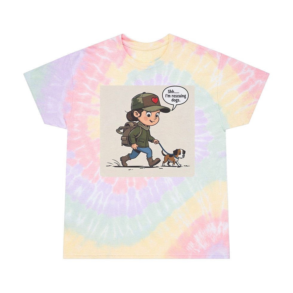 Pastel tie-dye t-shirt featuring a cartoon of a person walking a dog with the phrase “Shhh...I’m rescuing dogs” in a speech b