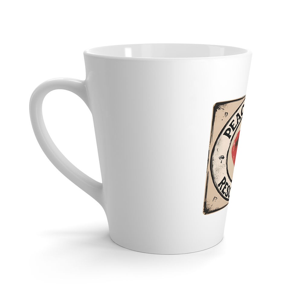 White ceramic latte mug with tapered shape, featuring a dog’s face in a heart design and surrounding text reading “Peace Love