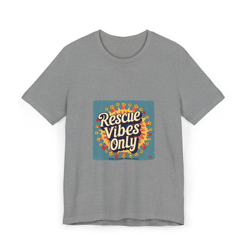 Gray t-shirt with blue background and colorful ‘Rescue Vibes Only’ design surrounded by flowers and paw prints