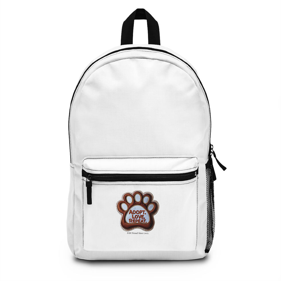 White backpack with brown paw print and ‘Adopt. Love. Rescue.’ message, featuring ThePawPrintPress.com branding