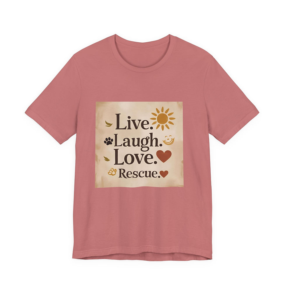 “Rescue Vibes Only” tee in pastel baby blue and mauve with paw print and heart graphics