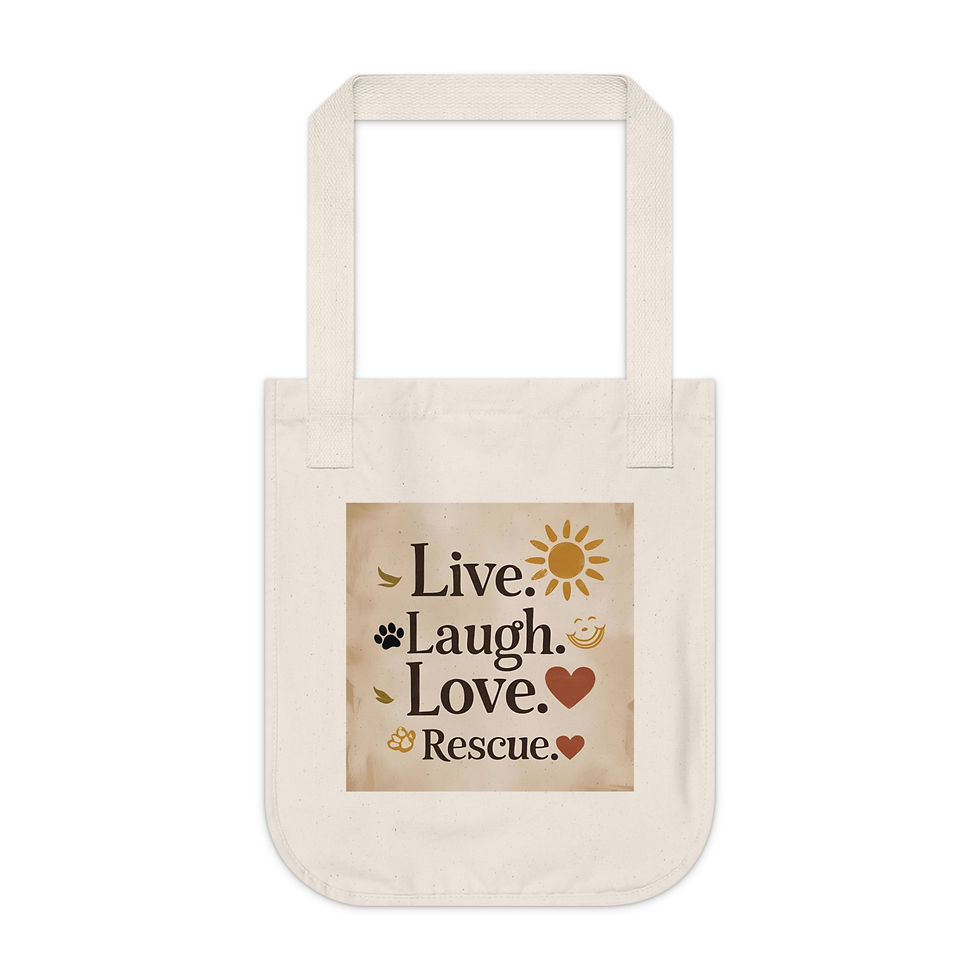 Tote bag with “Live Laugh Love Rescue” text and pet-themed icons including paw prints, hearts, and a sun