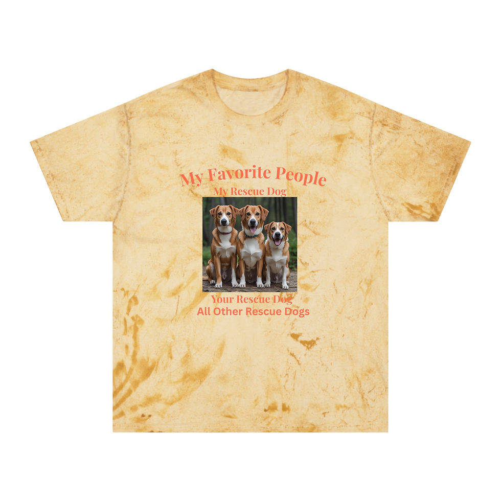 Tie-dye t-shirt in yellow, blue, or pink featuring three illustrated dogs with humorous text labels and the heading “My Favor