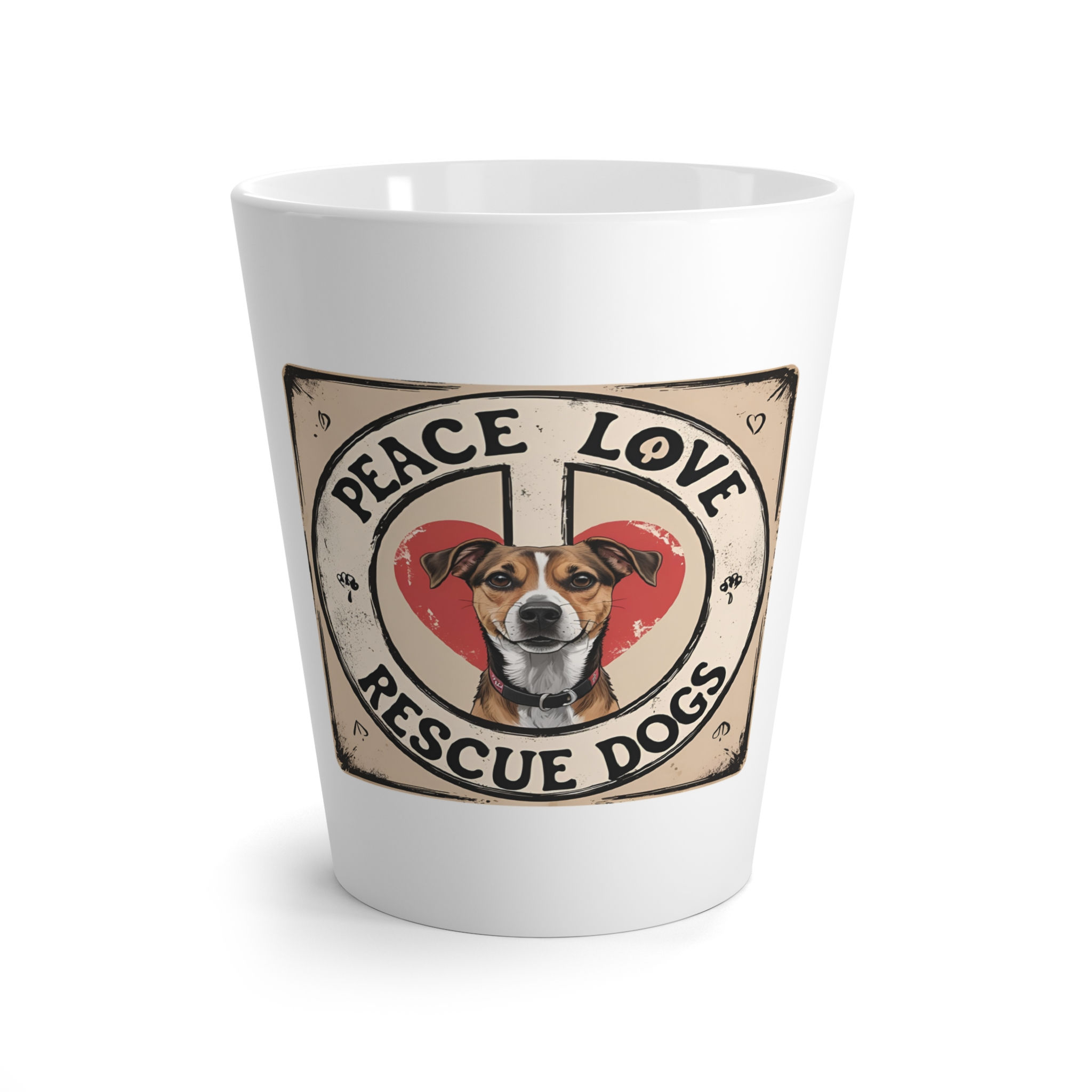 White ceramic latte mug with tapered shape, featuring a dog’s face in a heart design and surrounding text reading “Peace Love