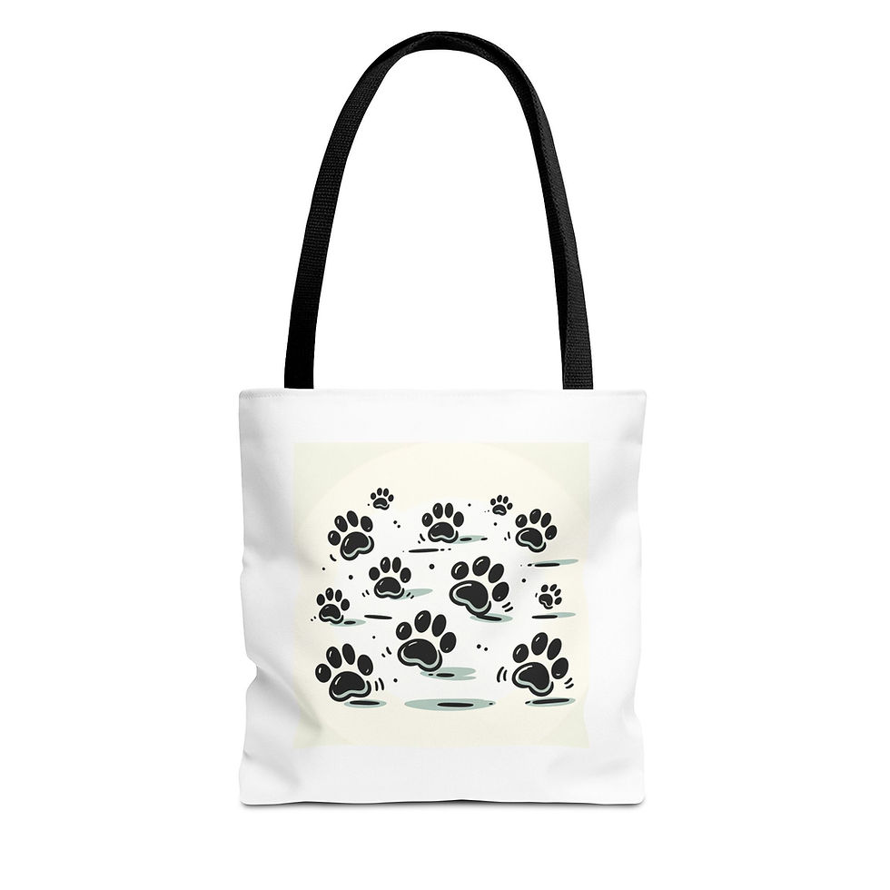 White tote bag with black handles featuring ‘NW PROUD’ text and paw print on one side, and a circular pattern of black paw pr