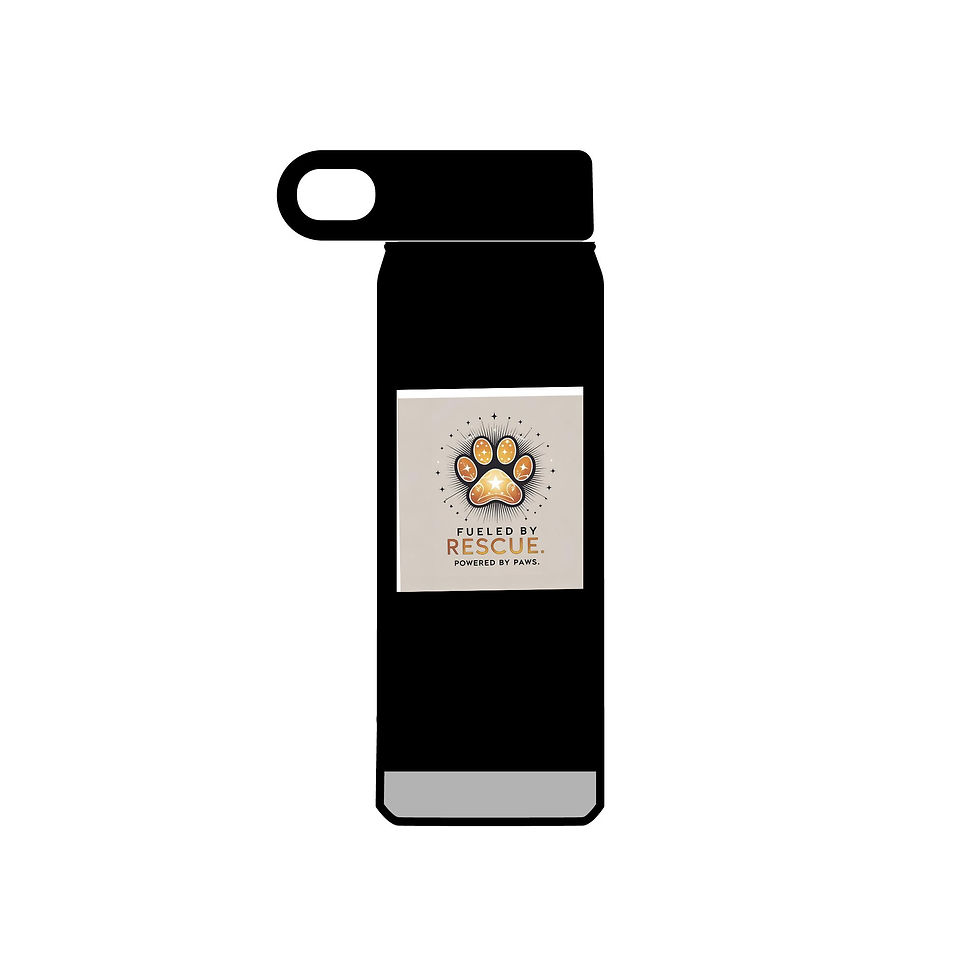 Water bottle with paw print and the message ‘Fueled by Rescue, Powered by Love’ on the label