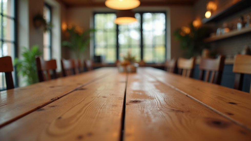 Eye-level view of a rustic wooden dining table with natural grain