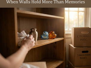 Woman packing memorial items from wooden bookshelf during move, showing leaving home grief with urn and glass hearts visible