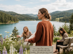 Woman practicing mindfulness and overcoming victimhood by a peaceful mountain lake, reflecting on Thich Nhat Hanh's teaching about finding wonder in suffering alongside two friends in nature