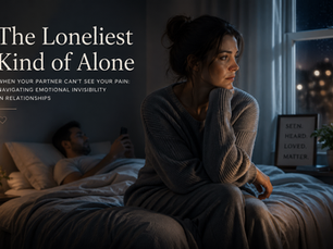 Woman sitting on bed looking sad and distant while partner uses phone in background, illustrating emotional invisibility in relationships and feeling unseen by partner