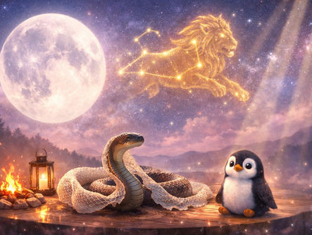Illustration of the Leo Full Moon 2026 spiritual meaning with a glowing full moon and Leo constellation above a snake shedding its skin on a wooden stage beside a small penguin and lantern fire.