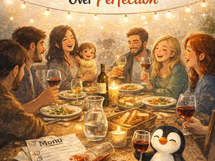 A warm, cozy dinner party scene where a spilled wine glass and a happy penguin highlight the beauty of choosing authentic connection over a rigid, laminated menu.