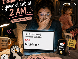Exhausted mom reacting in horror after accidentally sending an embarrassing client email at 2 AM while toddler chaos unfolds in the background — a humorous visual about how to deal with embarrassment.