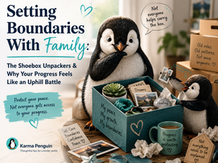 Setting boundaries with family illustration showing penguins organizing a box labeled 'my peace, my growth, my boundaries' with items representing healing and progress