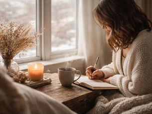 Person sitting at a table journaling beside a warm cup of tea in soft natural light, representing reflection, emotional processing, and gentle inner work.