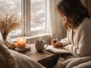 Person sitting at a table journaling beside a warm cup of tea in soft natural light, representing reflection, emotional processing, and gentle inner work.