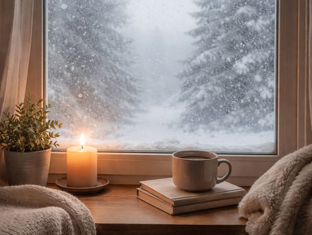 A quiet view of a winter storm through a window, representing calming anxiety during a storm and nervous system regulation.