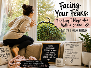 Woman kneeling on a sofa facing her fears as she looks out the window at a snake draped over a bush, with a Snake Negotiation Plan notepad and a Brave-ish Every Day pillow