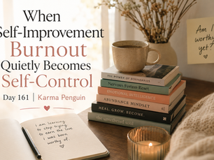 Self-improvement burnout concept showing stack of personal growth books including The Power of Boundaries, Nervous System Reset, Emotional Intelligence, Abundance Mindset, and Heal Grow Become, with coffee mug, dried flowers, journal with handwritten note about worthiness, and candle on neutral background