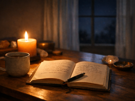 Cozy Capricorn New Moon journaling ritual with candlelight, open journal, and warm nighttime setting