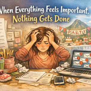 A watercolor illustration of a woman overwhelmed at a desk with a long to-do list, unread emails, party decorations, matching forks, and a pink toddler shoe, representing the "False Urgency" of a dysregulated nervous system.