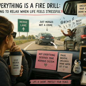 Woman staying calm while driving on highway merge lane with road rage driver behind her, visual reminder about managing stress and not treating every inconvenience as emergency