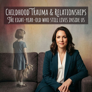 A professional adult woman sitting next to a faded image of a little girl holding a stuffed bunny, illustrating how childhood trauma and relationships connect to our inner child.