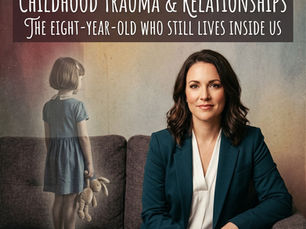 A professional adult woman sitting next to a faded image of a little girl holding a stuffed bunny, illustrating how childhood trauma and relationships connect to our inner child.