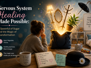 Nervous system healing concept inspired by Mary Poppins: woman observing magical transformation with lamp, mirror, plant emerging from bag, symbolizing gentle healing practices and regulation