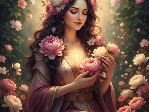 A serene and beautiful Goddess of the Heart with flowing dark hair, surrounded by lush pink and white peonies. She radiates a soft golden light from her chest, embodying the frequency of self-love and romantic abundance, with a romantic and ethereal aesthetic.
