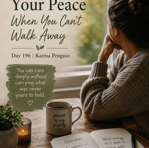 Woman in a cozy sweater sitting by a window practicing protecting your peace, with a journal, candle, and coffee mug that reads peace is my priority