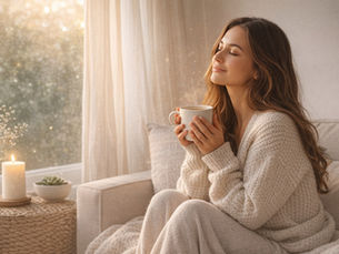 A woman sitting peacefully on a sofa holding a warm mug in the sunlight, representing nervous system regulation and inner calm.