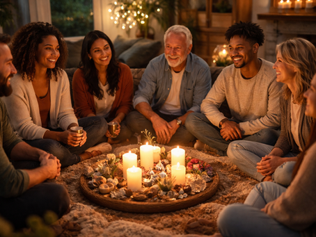 A diverse group of people sitting together in a warm circle, representing spiritual community healing, emotional support, and the power of belonging.