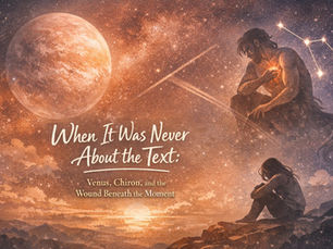 A cosmic illustration of a moon and Chiron constellation with a woman reflecting on emotional triggers, representing the somatic healing journey of Venus conjunct Chiron.