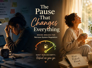 Split image showing burnout at a desk versus calm rest moment, illustrating micro-breaks for nervous system regulation and burnout recovery