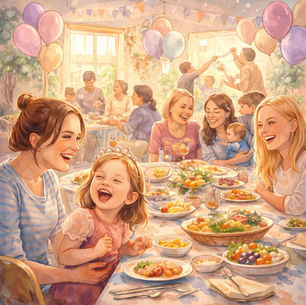 A warm, watercolor illustration of a joyful toddler girl in a sparkling tiara laughing at a table with her mother and friends, surrounded by soft pastel balloons and a beautiful spread of food, representing the magic of community support and nervous system regulation for moms.
