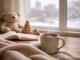 Cozy winter morning with a warm mug of coffee by the window, soft light, and a calm home atmosphere, representing joy and gratitude even during hard seasons.
