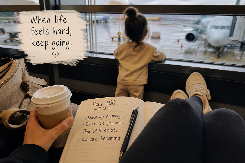 Mother traveling with toddler at the airport reflecting on life during a hard season, symbolizing resilience, parenting, emotional healing, and finding hope when life feels hard.