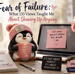 Cozy penguin in a pink beanie holding a mug beside a laptop, illustrating the fear of failure and showing up anyway.