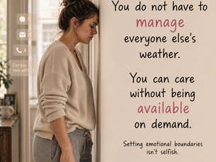 Exhausted woman leaning her head against a wall holding her phone, surrounded by unread messages, with text reading "You do not have to manage everyone else's weather" — a quote about setting emotional boundaries from Karma Penguin Day 170.