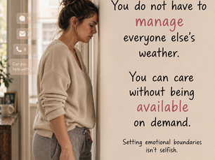 Exhausted woman leaning her head against a wall holding her phone, surrounded by unread messages, with text reading "You do not have to manage everyone else's weather" — a quote about setting emotional boundaries from Karma Penguin Day 170.