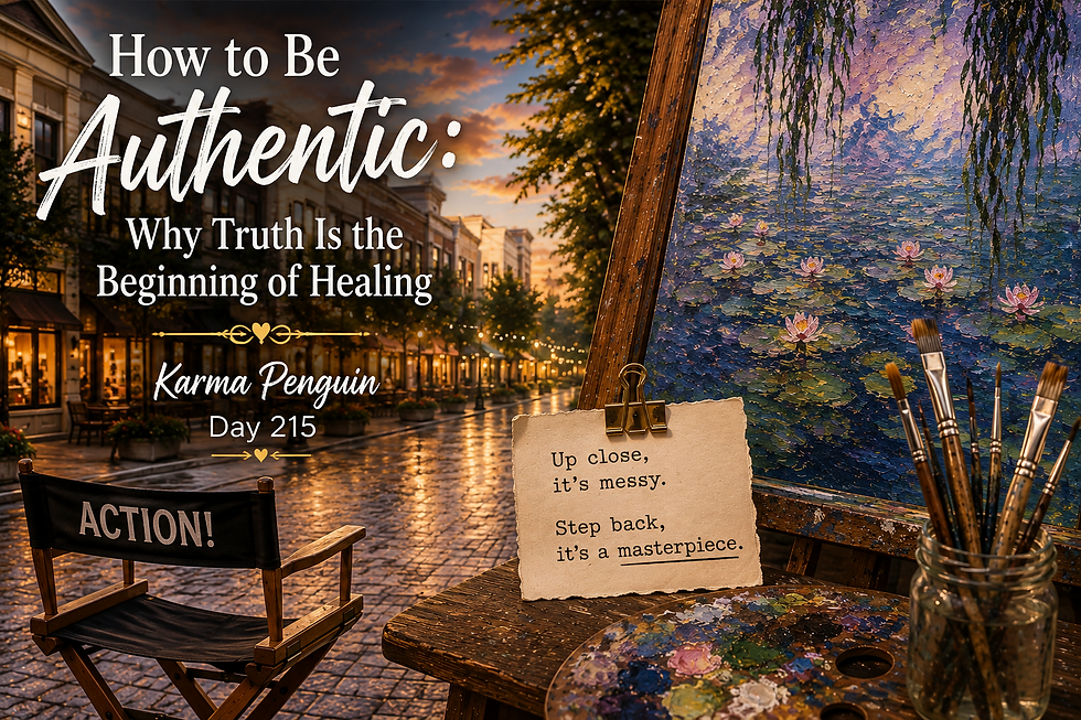 How to be authentic blog cover showing a movie-set style street beside a Monet water lily painting on an easel with a director's chair reading Action.
