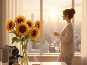 A serene, high-end apartment sanctuary with a woman looking out a large window at a city sunset, featuring a bouquet of bright sunflowers and a Nespresso machine on a marble counter, representing healing and inner work.