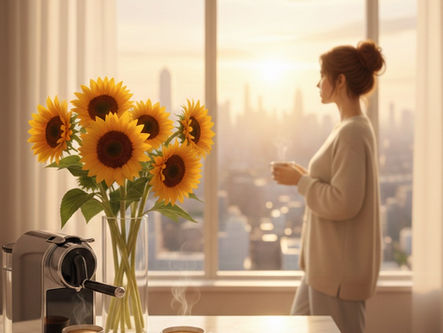 A serene, high-end apartment sanctuary with a woman looking out a large window at a city sunset, featuring a bouquet of bright sunflowers and a Nespresso machine on a marble counter, representing healing and inner work.