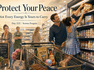 Woman in a blue checkered dress reaching for groceries while a man helps her, illustrating how to protect your peace in a busy grocery store.
