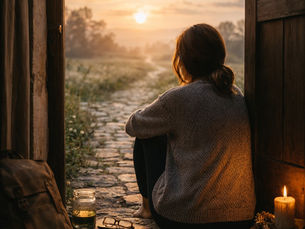 A woman sitting on a stone threshold at sunrise, looking out at a winding path and representing the release of the myth of being behind through somatic healing and nervous system rest.