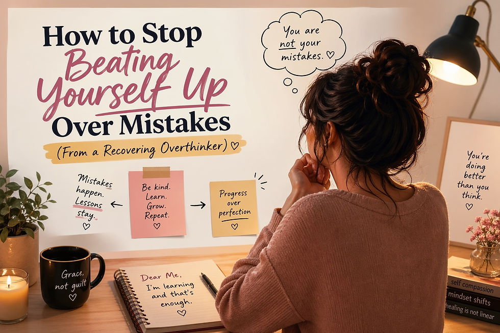 A woman sitting alone in a warmly lit room, reflecting on past mistakes — representing the quiet inner work of learning how to stop beating yourself up and practicing self-forgiveness