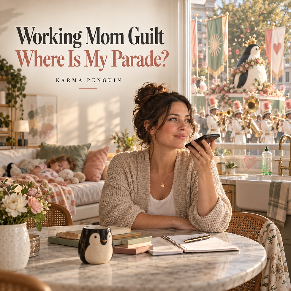 Working Mom Guilt: Where Is My Parade? — a mother records a voice memo at her kitchen table while her daughter naps nearby and a penguin-led parade passes outside the window, Karma Penguin blog